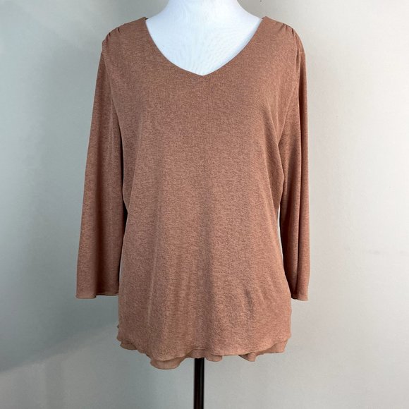 J. Jill Top Womens XL Tan Brown Mesh V-Neck Layered Sheer 3/4 Sleeve Blouse‎ - Picture 1 of 12